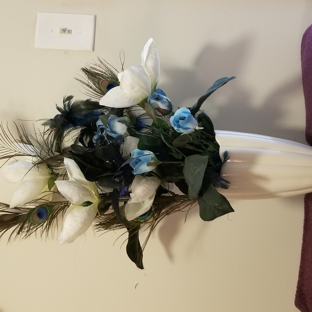 Vintage Vase with Peacock feathers and flowers